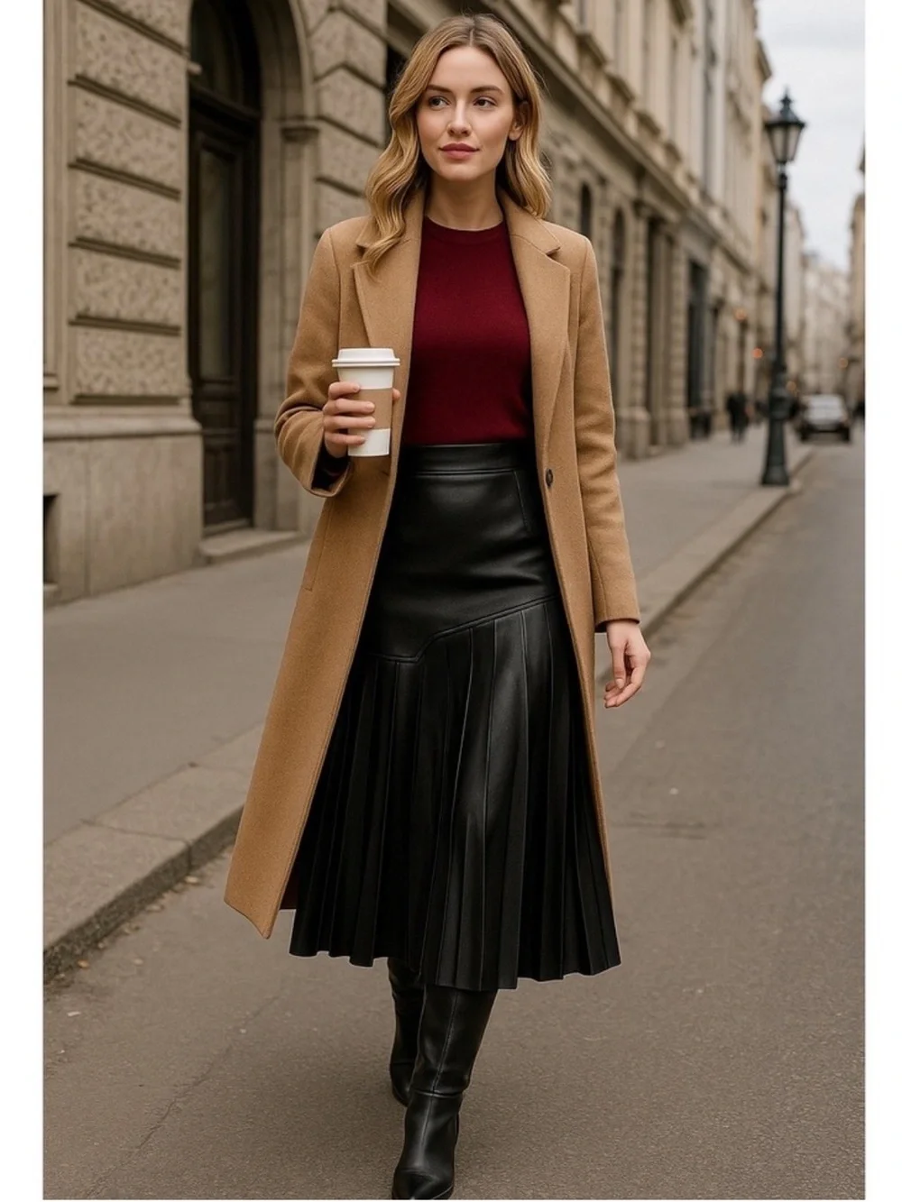 Commense Black Asymmetric Patchwork Faux Leather Chiffon Pleated Midi Skirt